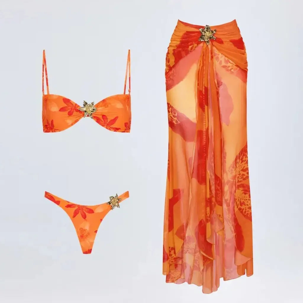 Biquíni com Saída de Praia Laranja Longa Elegante