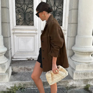 Blazer Feminino Alongado Camurça Marrom