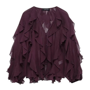 Blusa Boho Manga Longa Chiffon Babado