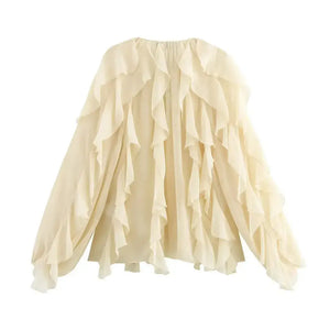 Blusa Boho Manga Longa Chiffon Babado