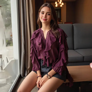 Blusa Boho Manga Longa Chiffon Babado