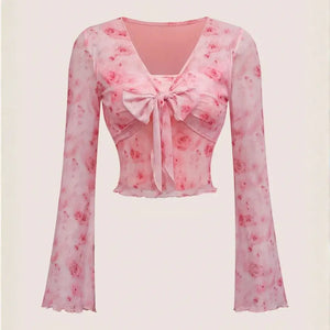 Blusa Cropped Tule Feminino Estampa Rosa Manga Longa