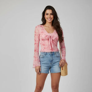 Blusa Cropped Tule Feminino Estampa Rosa Manga Longa