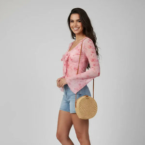 Blusa Cropped Tule Feminino Estampa Rosa Manga Longa