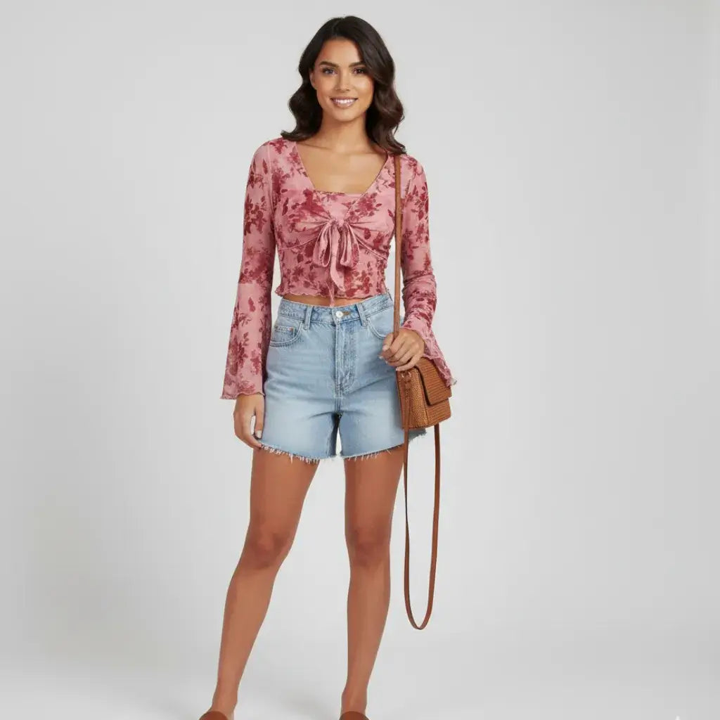 Blusa Cropped Tule Feminino Estampa Rosa Manga Longa