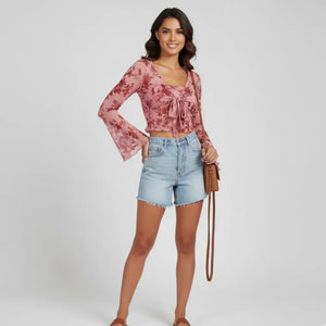 Blusa Cropped Tule Feminino Estampa Rosa Manga Longa