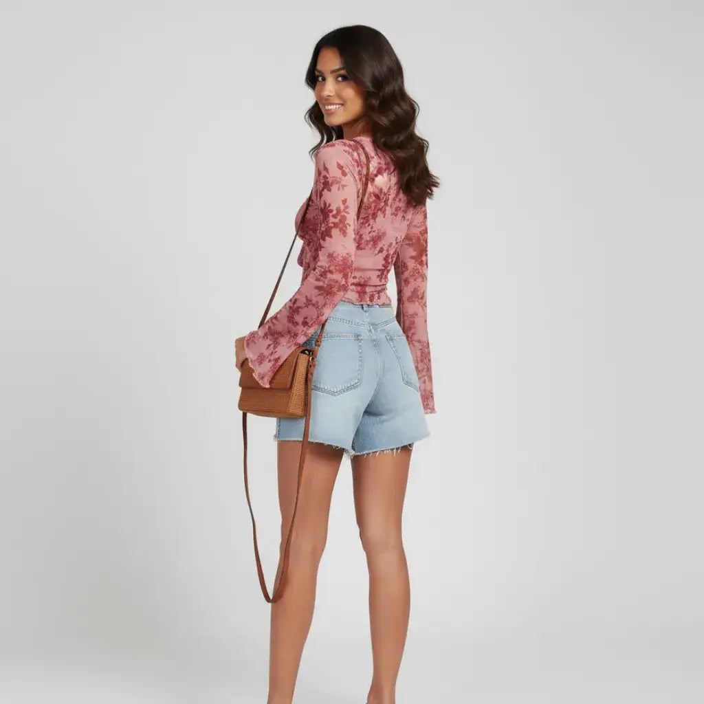 Blusa Cropped Tule Feminino Estampa Rosa Manga Longa