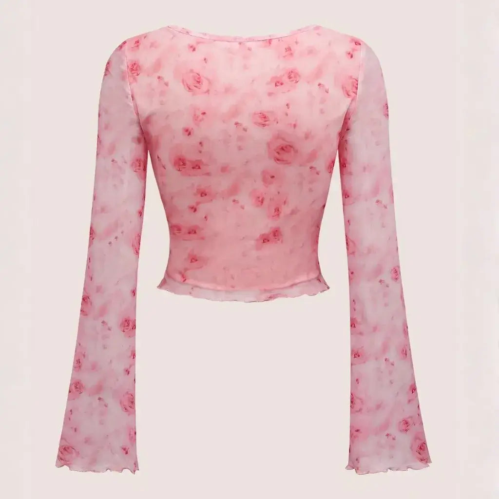 Blusa Cropped Tule Feminino Estampa Rosa Manga Longa