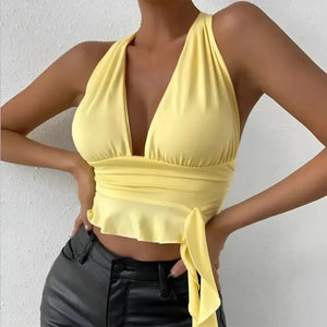 Blusa Frente Única Cropped Amarelo Manteiga Decote em V