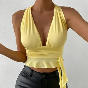 Blusa Frente Única Cropped Amarelo Manteiga Decote em V