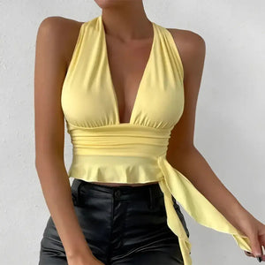 Blusa Frente Única Cropped Amarelo Manteiga Decote em V