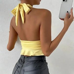 Blusa Frente Única Cropped Amarelo Manteiga Decote em V