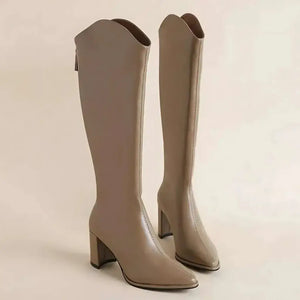 Bota Feminina Cano Longo Salto Grosso Bege