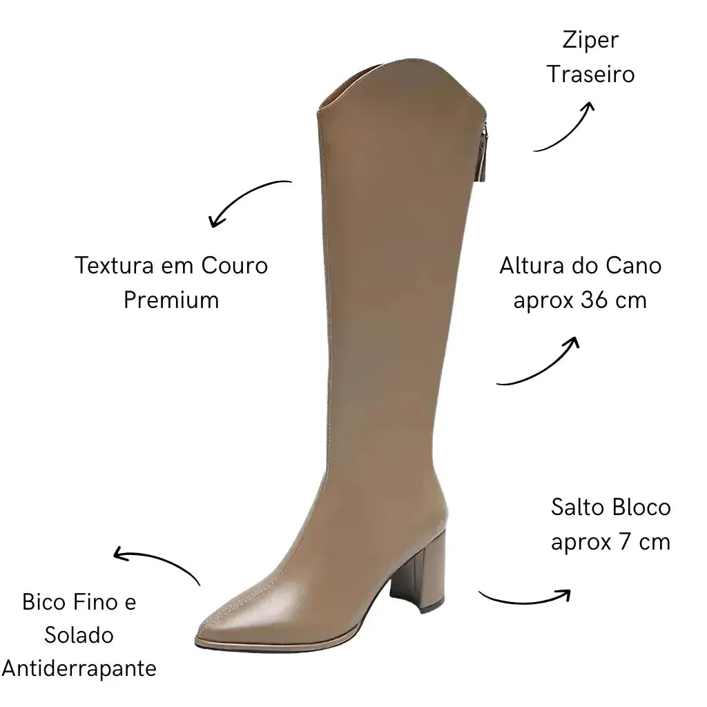 Bota Feminina Cano Longo Salto Grosso Bege