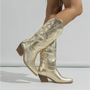 Bota Feminina Texana Dourado Metálico Western