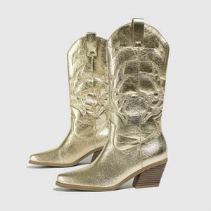 Bota Feminina Texana Dourado Metálico Western