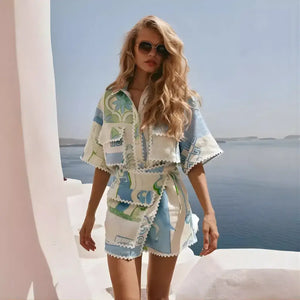 Conjunto Feminino Estampa Floral Azul e Verde Verão