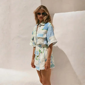 Conjunto Feminino Estampa Floral Azul e Verde Verão