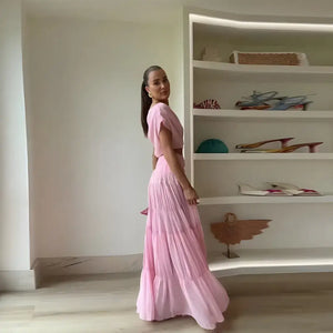 Conjunto Feminino Rosa Saia Longa e Blusa Cropped