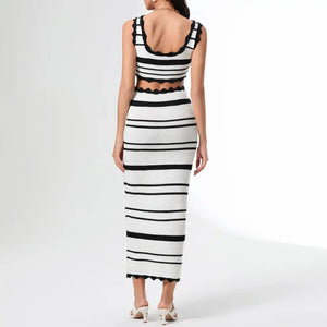 Conjunto Listrado Feminino com Cropped e Saia Longa