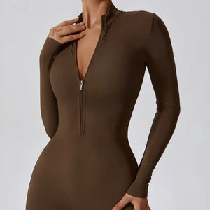 Macacão Academia Feminino Manga Longa Marrom
