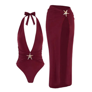 Maiô Decotado Frente Única com Saida de Praia Longa Elegante