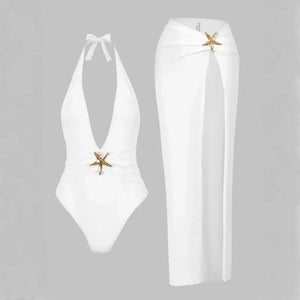 Maiô Decotado Frente Única com Saida de Praia Longa Elegante