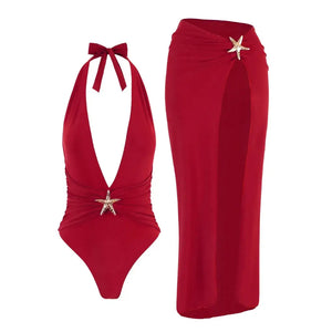 Maiô Decotado Frente Única com Saida de Praia Longa Elegante