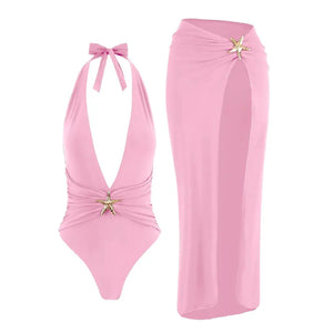 Maiô Decotado Frente Única com Saida de Praia Longa Elegante