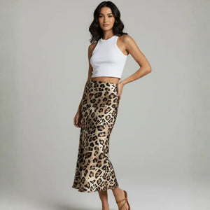 Saia Longa Feminina Animal Print Estampa Onça Cetim