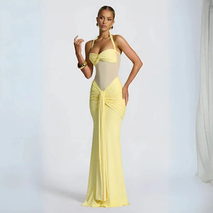 Vestido Amarelo Manteiga de Festa Longo com Recorte em Tule