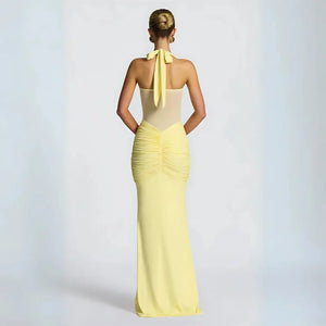 Vestido Amarelo Manteiga de Festa Longo com Recorte em Tule