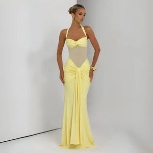 Vestido Amarelo Manteiga de Festa Longo com Recorte em Tule