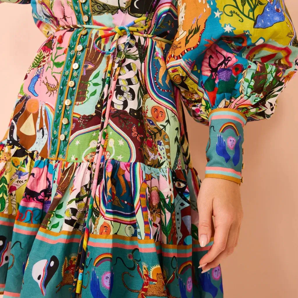 Vestido Boho Chic Estampado Manga Bufante