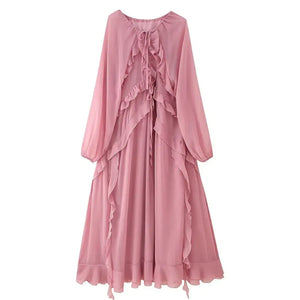 Vestido Boho Chic Longo Rosa com Babado Elegante