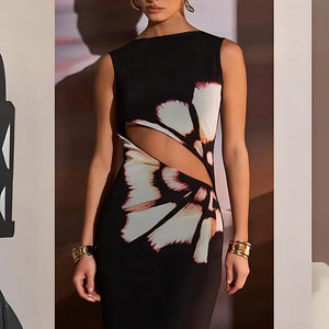 Vestido Longo Casual Preto Estampado com Recorte Lateral