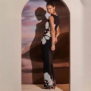 Vestido Longo Casual Preto Estampado com Recorte Lateral