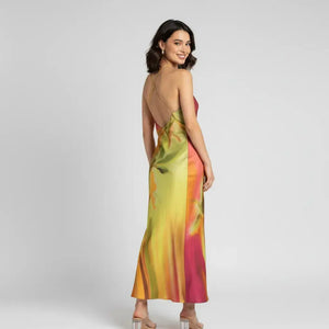 Vestido Longo Cetim Estampado Aquarela Elegante