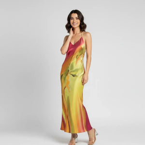 Vestido Longo Cetim Estampado Aquarela Elegante