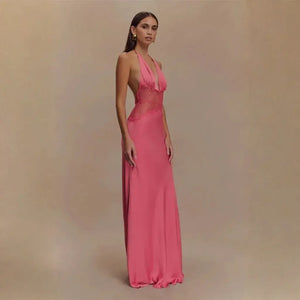Vestido Longo Decote Profundo Renda Cintura Elegante