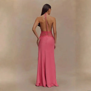 Vestido Longo Decote Profundo Renda Cintura Elegante