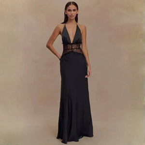 Vestido Longo Decote Profundo Renda Cintura Elegante