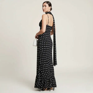 Vestido Longo Poá Feminino Elegante Preto e Branco