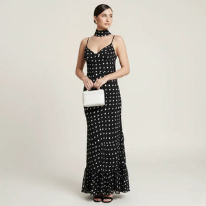 Vestido Longo Poá Feminino Elegante Preto e Branco