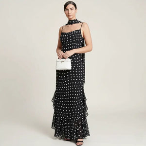 Vestido Longo Poá Feminino Elegante Preto e Branco