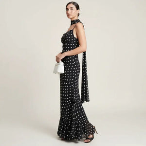 Vestido Longo Poá Feminino Elegante Preto e Branco