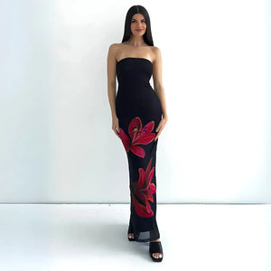 Vestido Longo Tomara que Caia Preto Estampa Floral Vermelha