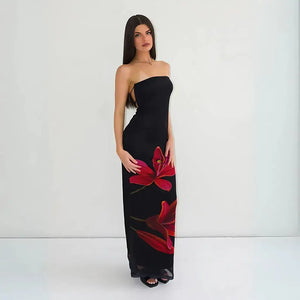 Vestido Longo Tomara que Caia Preto Estampa Floral Vermelha
