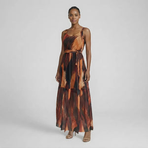 Vestido Longo em Tule Estampado Terracota Elegante