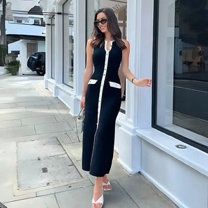 Vestido Midi Preto Elegante Botões Frontais